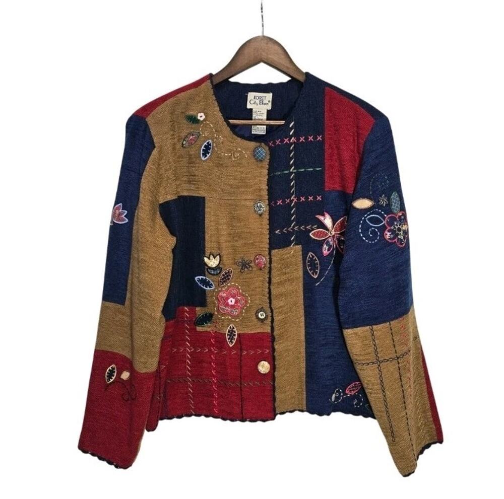 VTG Koret City Blues Patchwork Embroidered Jacket L Grandmacore Art Teacher